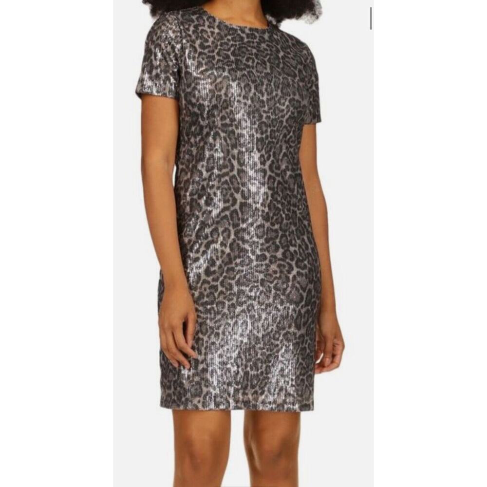 MICHAEL KORS Women's Small Sequin Leopard Print Lined Short Sleeve Mini Dress